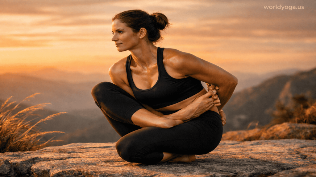 A yogi performing a deep squat variation with one leg in Half Lotus and a bound arm position while balancing on a mountain cliff at sunset.