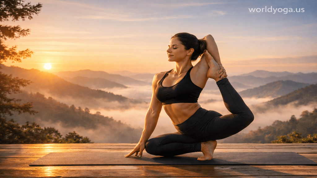Experienced yoga practitioner performing One Foot Behind the Head Tip Toe Pose outdoors during sunrise on a mountain platform.