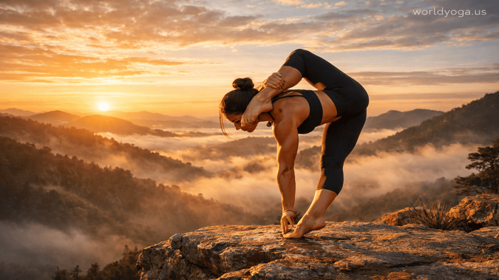 Yoga practitioner performing Salamba Eka Pada Shirsha Prapadasana on a cliff at sunrise with leg behind the head and toe balance.