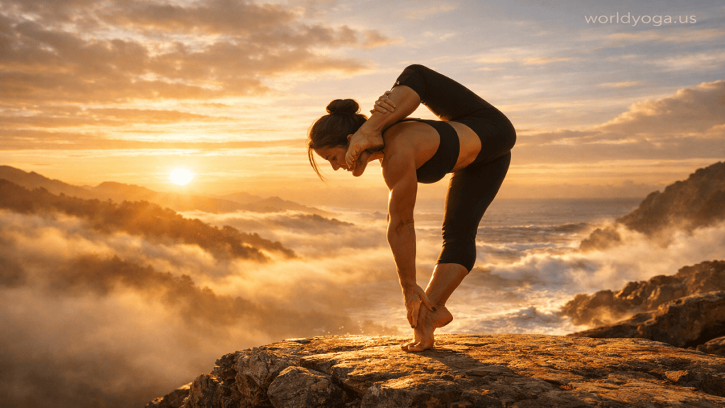 A silhouetted yoga practitioner performing an advanced One Foot Behind the Head Tip Toe Pose on a cliff at sunrise with dramatic natural scenery.