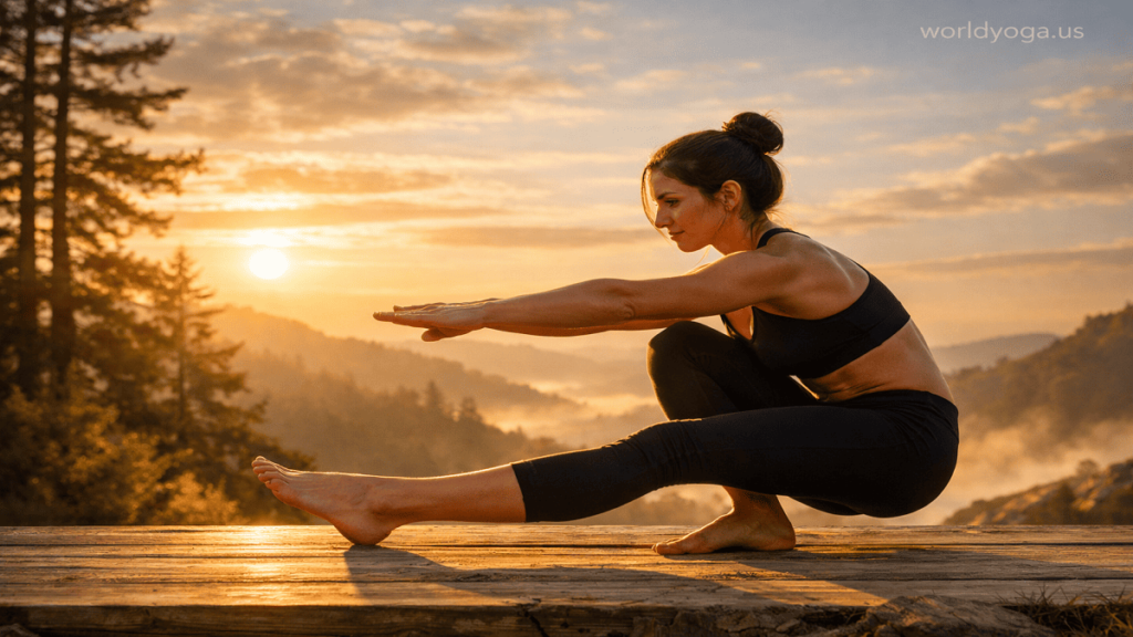 A person performing a one-legged squat outdoors at golden hour with one leg straight and heel down, showing balance and control.