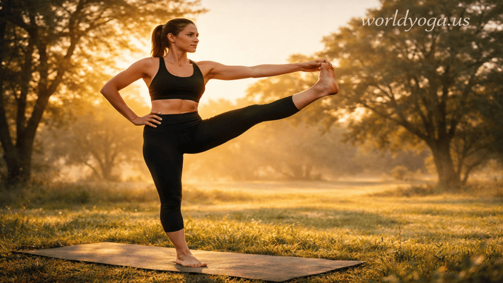 A person practicing Hand to Foot Pose 2 outdoors on grass during sunrise, balancing on one leg with the other leg extended sideways in a controlled athletic yoga posture.