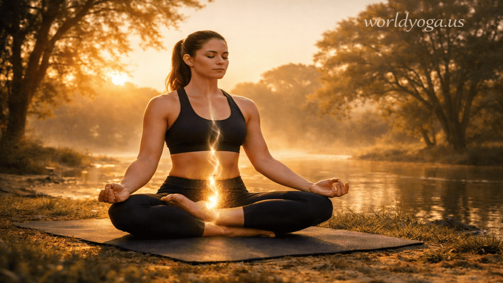 A person sitting in lotus pose outdoors during sunrise practicing Root Lock (Mula Bandha) with calm meditation posture and subtle energy visualization rising from the base of the spine.