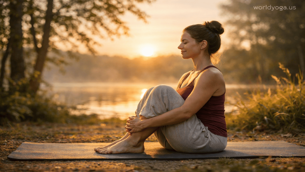 Person practicing Womb Staff Pose seated upright on a yoga mat in a peaceful outdoor natural setting during sunrise, with soft golden light and watermark “worldyoga.us” in the top-right corner.