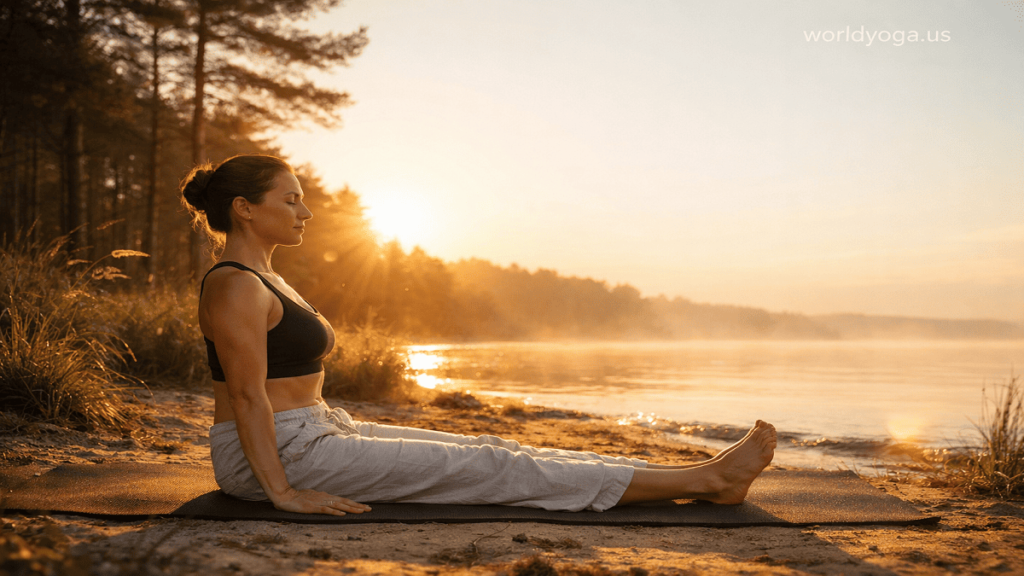 Person practicing Yoni Dandasana seated upright on a yoga mat in a peaceful outdoor natural setting at sunrise with warm golden light and watermark “worldyoga.us” in the top-right corner