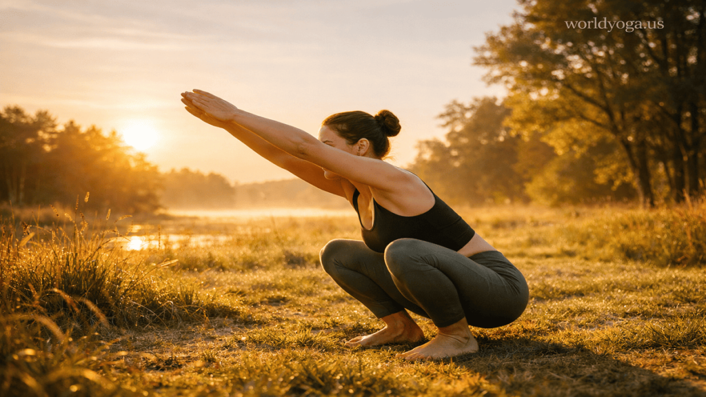 Person in deep squat with heels grounded and arms extended overhead in a natural outdoor sunrise setting with warm light and watermark “worldyoga.us” in the top-right corner.