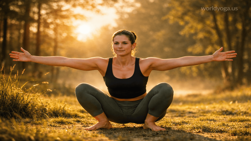 A person practicing a deep squat yoga pose outdoors with arms stretched wide, showing balance and stability in a natural environment during sunrise.