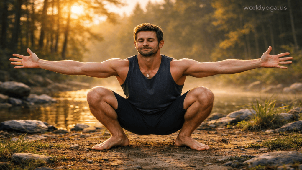 A person performing Prasarita Hasta Malasana, a wide-stance yoga squat with arms extended for balance, maintaining an upright spine and grounded heels in a calm natural or studio environment.