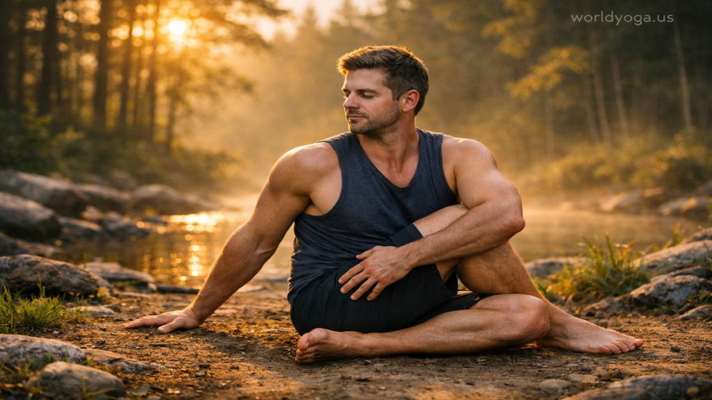 A person performing Sukha Pashasana, a gentle squat-and-twist yoga pose with a stable wide squat base, elongated spine, and controlled torso rotation in a calm studio or natural environment.