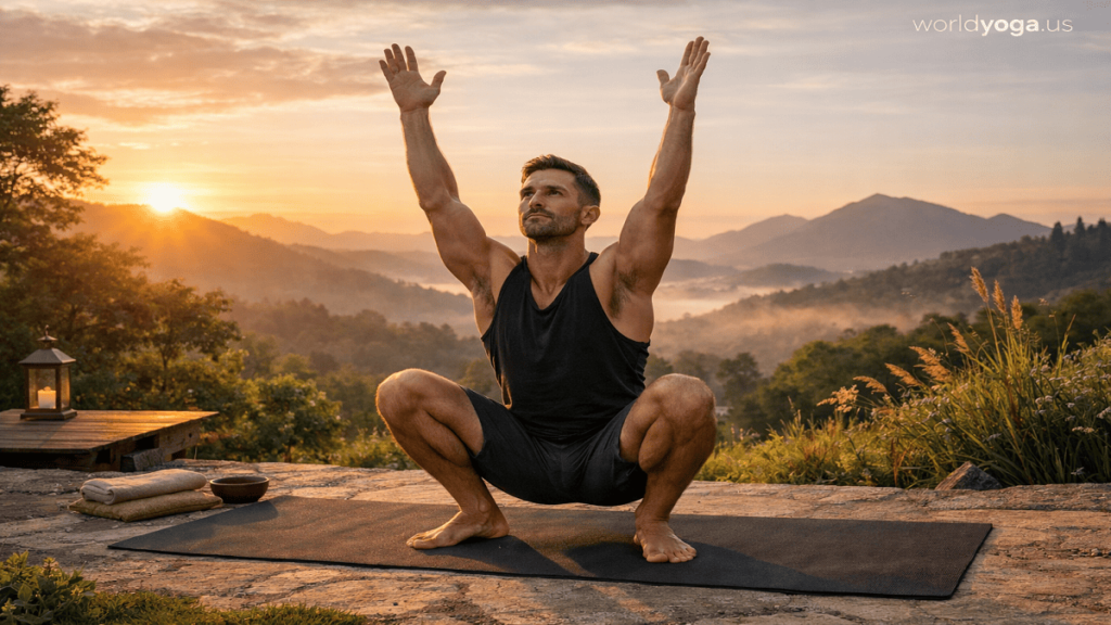 Man practicing Upward Hands Garland Pose outdoors during sunrise surrounded by nature.