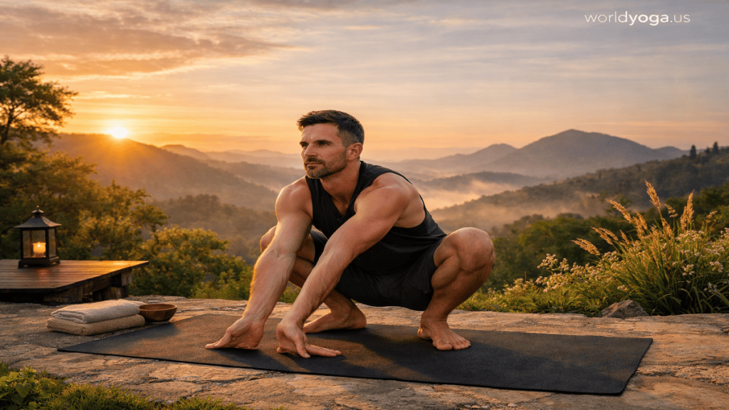 Man performing Uttana Manibandha Malasana outdoors during sunrise surrounded by nature.