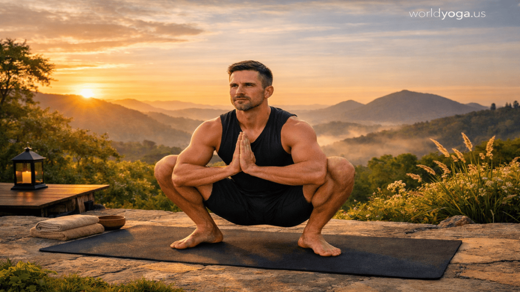 Man practicing Squat: Heels Down-Knees Wide outdoors at sunrise surrounded by nature.