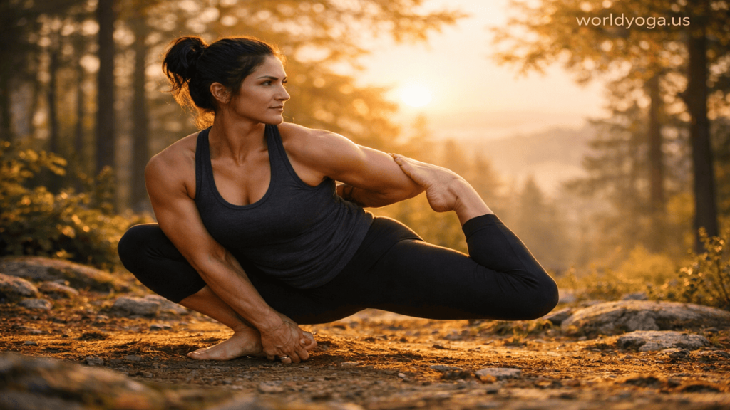 A yoga practitioner performing Eka Pada Baddha Malasana outdoors on a natural surface, holding a deep squat with one leg bound behind the back during golden hour lighting. Watermark “worldyoga.us” appears in the top right corner.