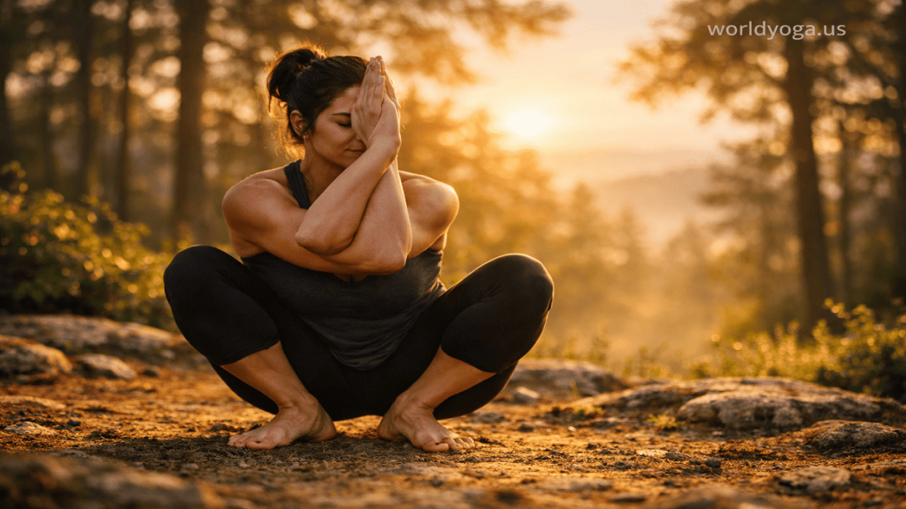 A yoga practitioner performing Hasta Garudasana in Malasana outdoors in a deep squat with eagle arms, surrounded by natural scenery during golden hour. Watermark “worldyoga.us” appears in the top right corner.