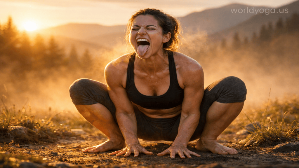 A person practicing Narasimhasana in Malasana outdoors at sunrise, in a deep squat with expressive Lion’s Breath and warm natural lighting.