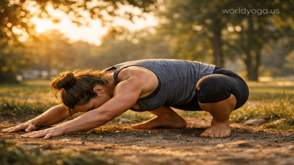 A person doing a deep squat with heels grounded, knees wide, and forward fold outdoors in natural light during sunrise.
