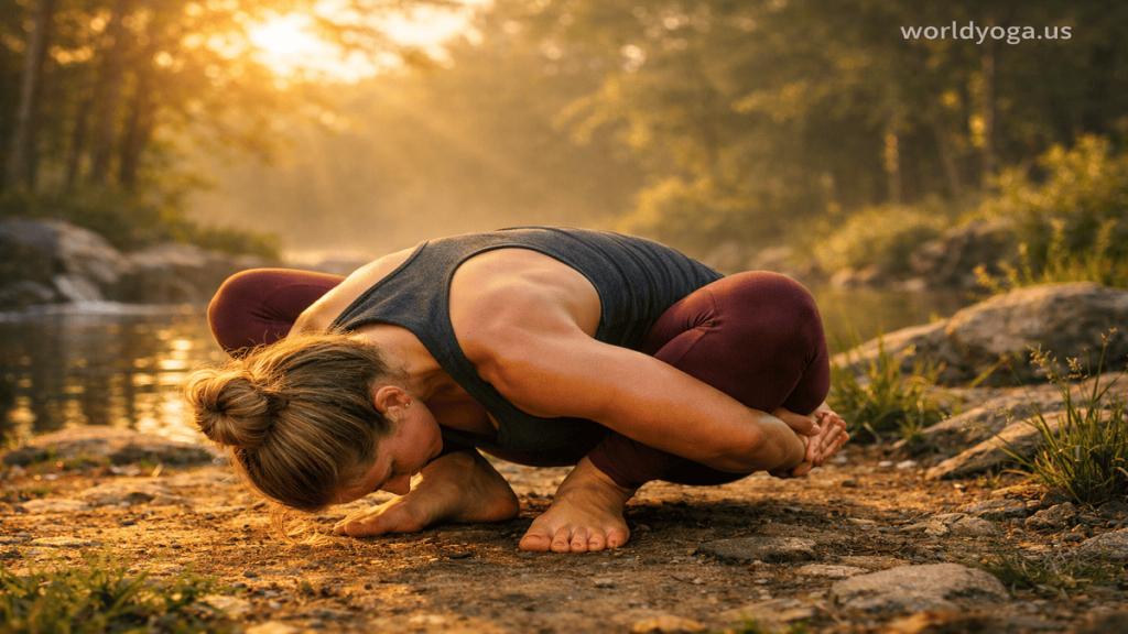 Outdoor advanced Malasana bound forward-fold squat performed in a natural setting at sunrise.