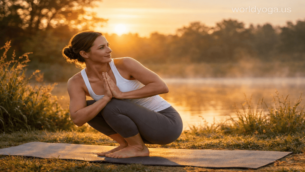 Person performing Pashasana (Noose Pose) variation with hands in prayer, in a deep squat with a controlled spinal twist in a calm yoga setting.