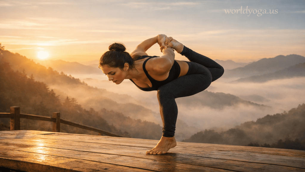 A yogi performing an advanced asymmetrical standing balance yoga pose on one leg at sunrise on a mountain platform.