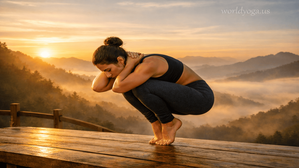 A practitioner performing a deep heel-lifted squat with knees together and arms positioned below the head on a mountain at sunrise.