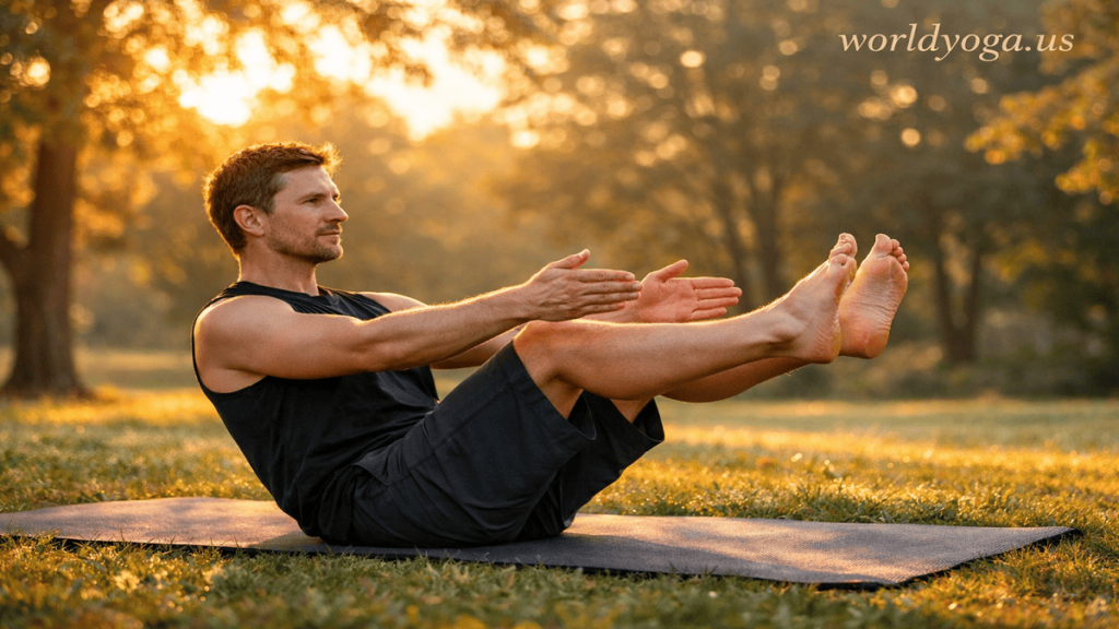 A person holding Boat Pose with bent knees on a yoga mat outdoors in a park during sunrise, arms extended forward and maintaining balance.