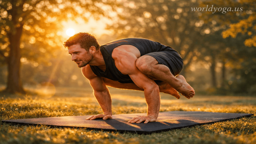 A person holding an advanced arm balance outdoors at sunrise, balancing on hands with both sitting bones and feet lifted off the ground in a compact position.