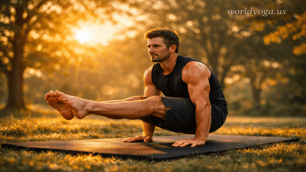 A person holding Brahmacharyasana outdoors at sunrise, balancing on hands with both sitting bones and feet lifted off the ground in a compact arm balance.