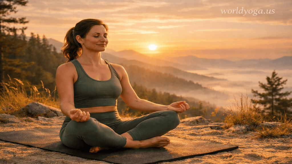 Celibate Pose. Person sitting in a stable cross-legged meditation posture with upright spine, relaxed shoulders, and hands resting on knees in a calm indoor yoga environment.