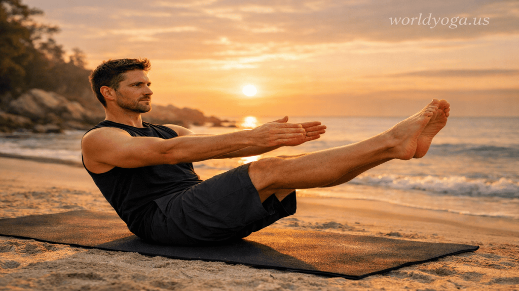 Person performing advanced Boat Pose with both legs straight, balancing on sit bones with a long spine, engaged core, and arms extended forward in a yoga studio setting.