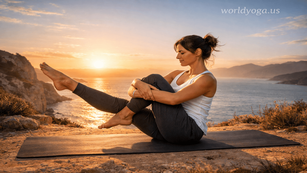 A person practicing an advanced Baby Cradle Boat Pose variation outdoors at sunrise, balancing on sit bones with one leg extended and the other cradled in the arms.