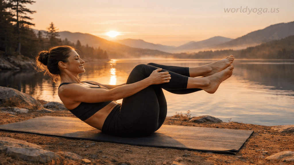 Yoga practitioner performing Boat Pose with controlled rocking movement outdoors near a lakeside at sunrise with mountains in the background. Watermark “worldyoga.us” in top right corner.