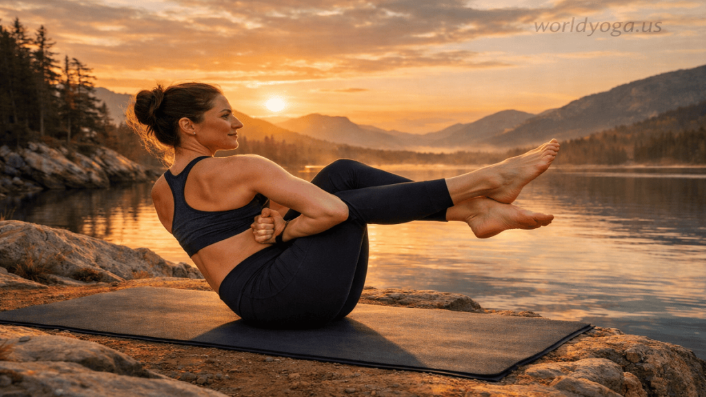 Parivritta Baddha Yogadanda Navasana. Yoga practitioner holding a twisted bound Boat Pose variation outdoors at sunrise on a mountain cliff with core engagement. Watermark “worldyoga.us” in top right corner.