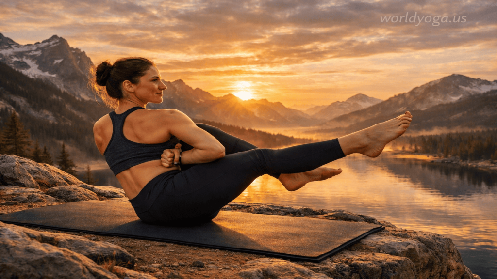 Yoga practitioner performing advanced twisted bound Boat Pose on a mountain cliff at sunrise with strong core balance and extended legs. Watermark “worldyoga.us” in top right corner.