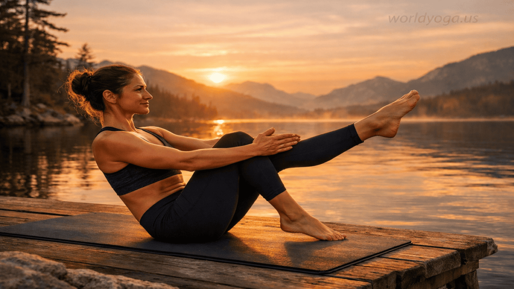 A person performing Eka Pada Niralamba Navasana on a wooden platform near a lake during sunrise, holding a balanced core pose with one leg extended.