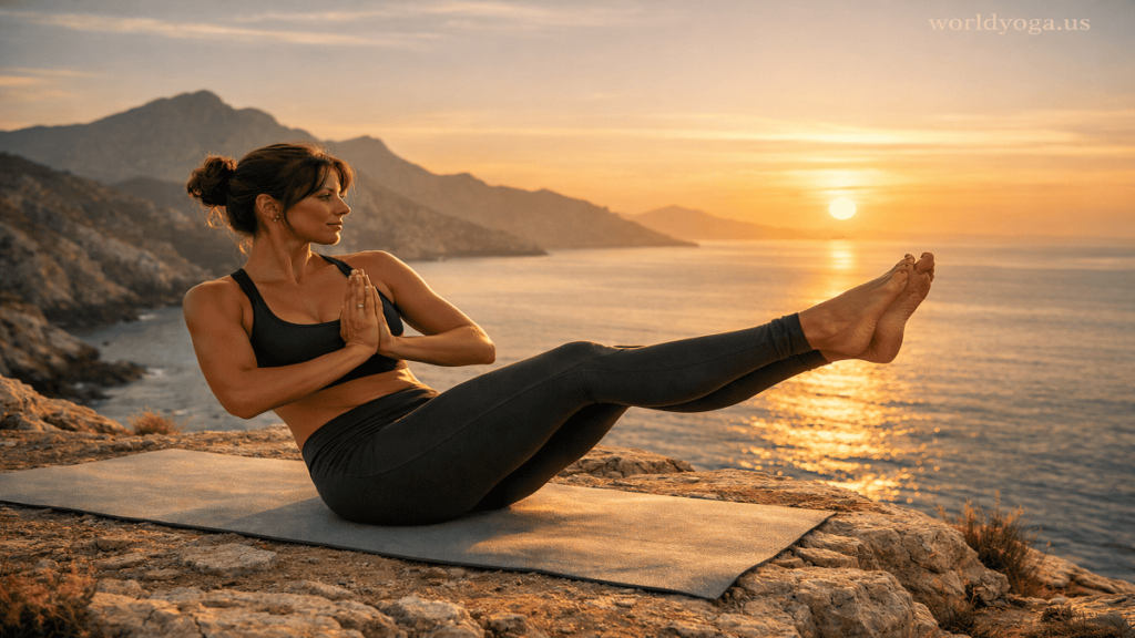 Boat Pose: Twist. Woman practicing Boat Pose Twist outdoors during sunrise near the ocean.