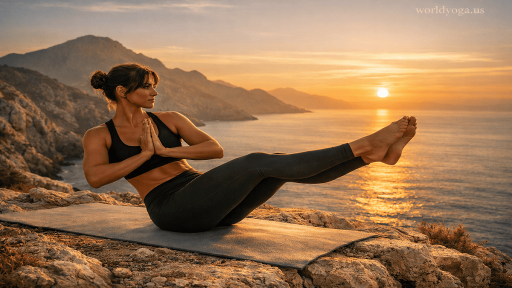 Woman practicing Parivritta Navasana Namaskar outdoors during sunrise on a mountain cliff.