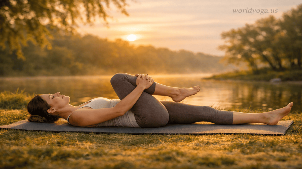 Person lying in Ardha Vayu Muktyasana, a supine yoga pose with one knee drawn toward the chest and the other leg extended straight, demonstrating gentle abdominal engagement and spinal relaxation.