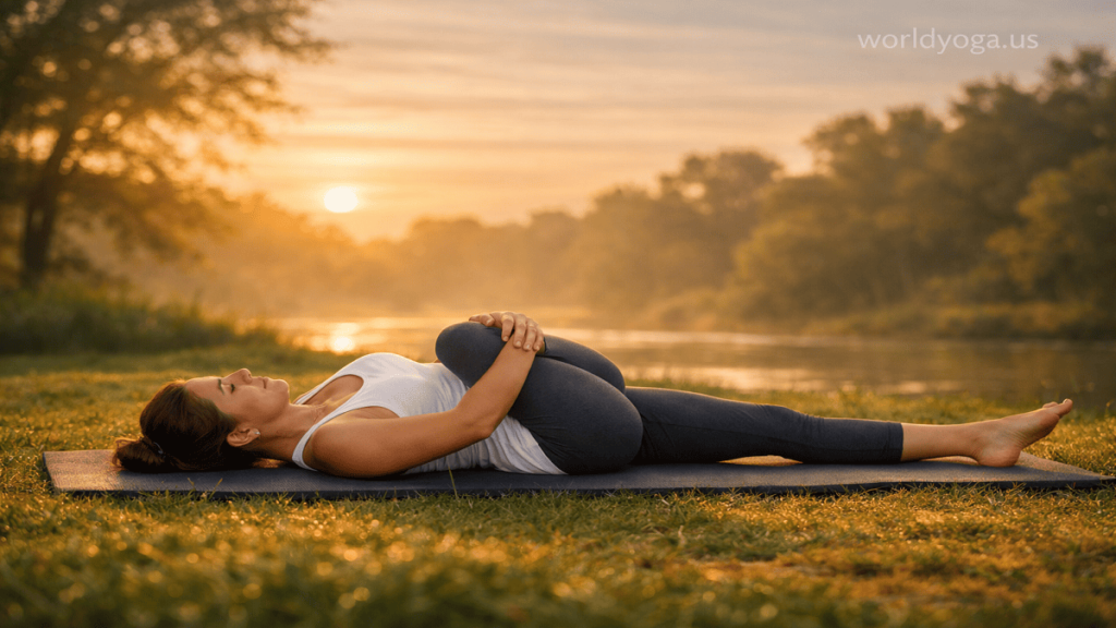 Person performing Parivritta Ardha Vayu Muktyasana in a supine position on a yoga mat, gently twisting one knee across the body while keeping shoulders grounded in a calm indoor studio environment.