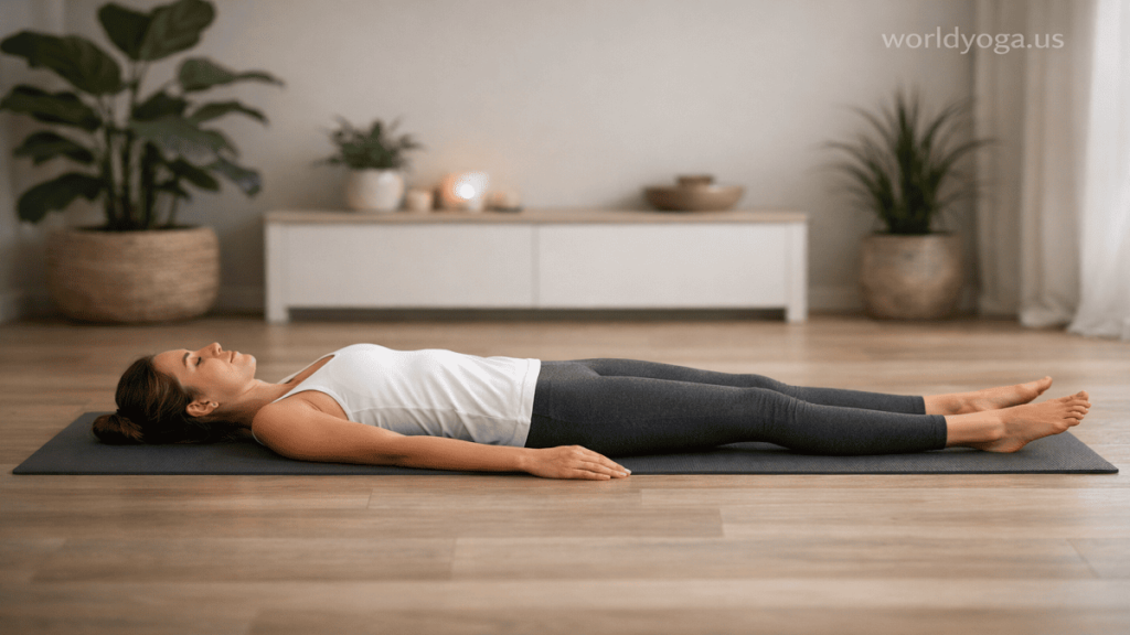 Person lying on back in supine position with both legs straight on a yoga mat in a calm, softly lit studio with watermark “worldyoga.us” at top right.