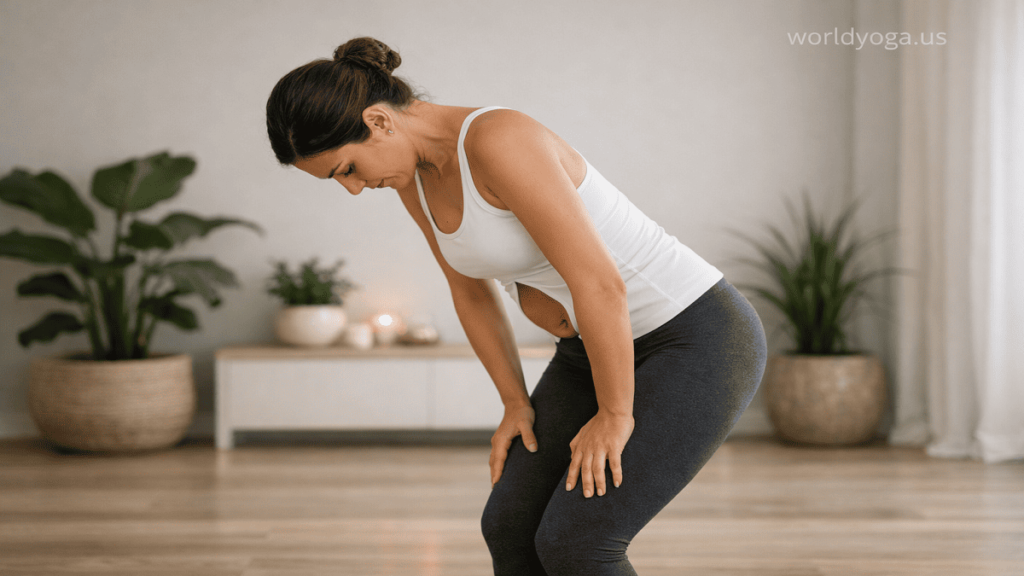 Person demonstrating Abdominal Lift Pose in modern wellness studio with abdomen drawn upward after exhalation, soft lighting, plants, and watermark “worldyoga.us” at top right.