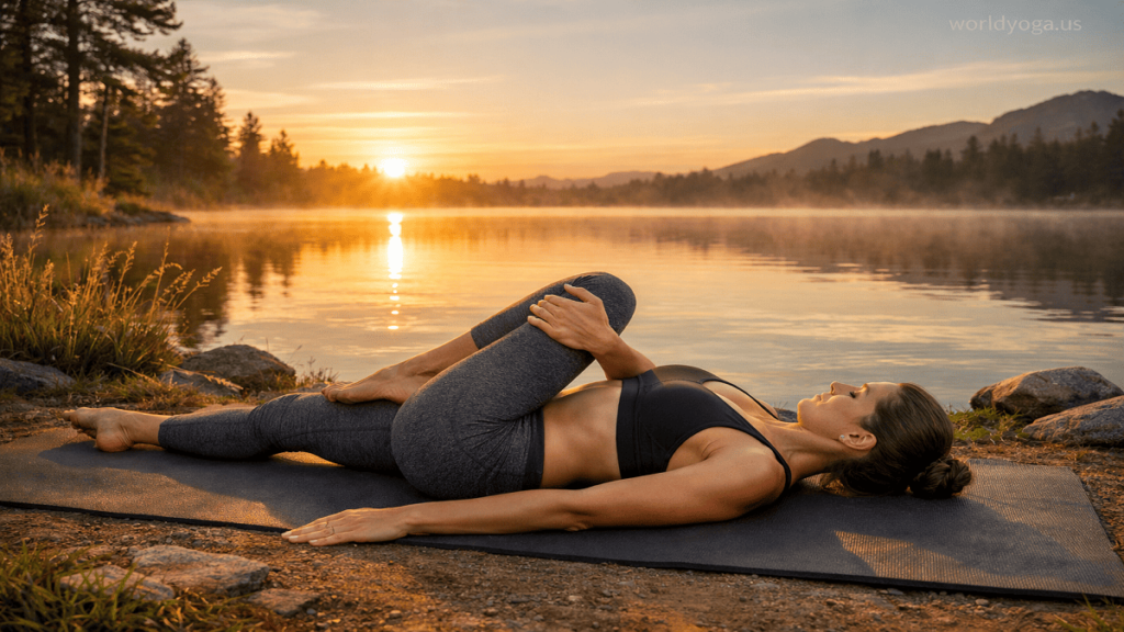 Woman practicing Jatharasana outdoors near a lake during sunrise in a peaceful natural setting.