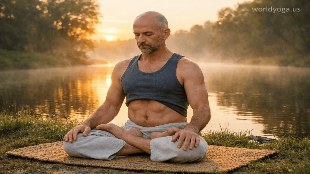 A yoga practitioner performing Abdominal Lift in Lotus Pose on a riverbank during sunrise with mist, natural light, and serene outdoor scenery.