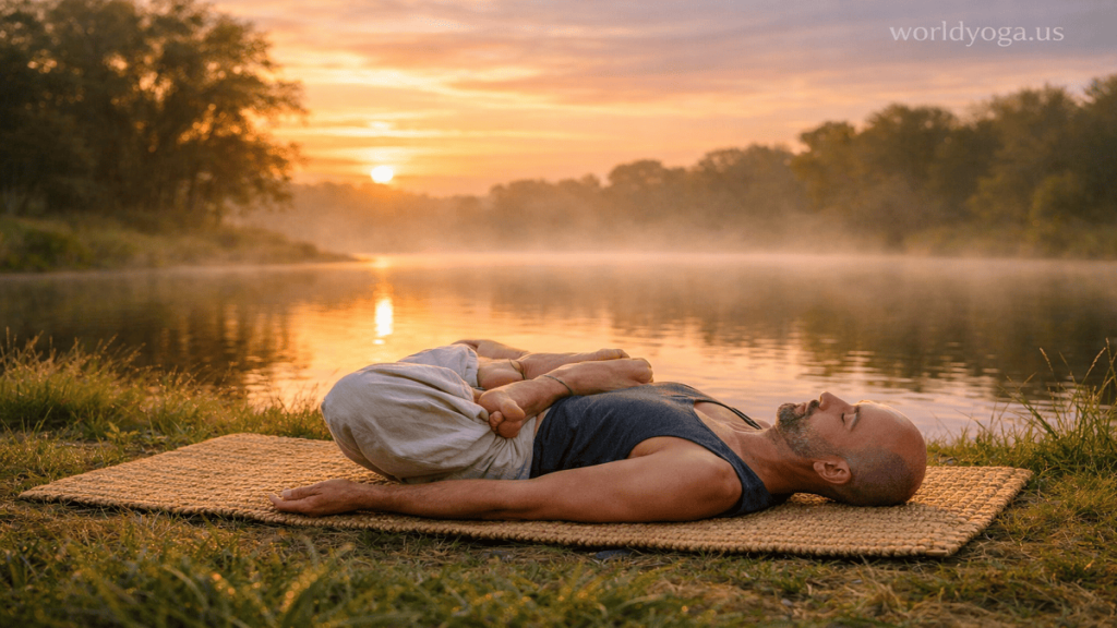 A yoga practitioner performing Jathara Padmasana on a peaceful lakeside meadow during sunrise with mist and soft golden light.