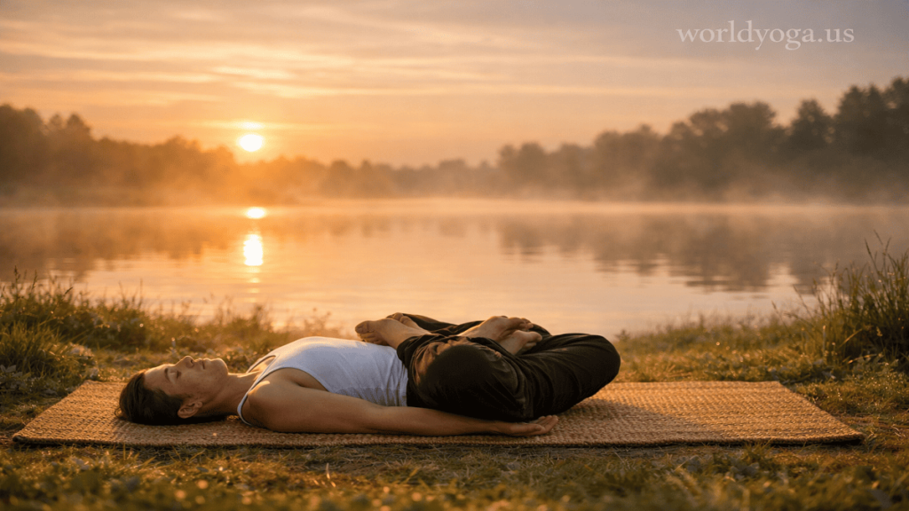 A yoga practitioner performing Niralamba Jathara Padmasana on a peaceful lakeside meadow at sunrise with mist and soft golden light.