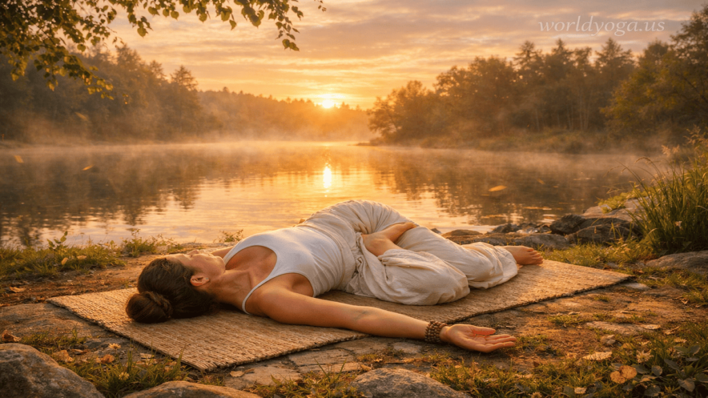 Advanced yoga practitioner performing Parivritta Jathara Supta Padmasana, a supine lotus pose with spinal twist, in a calm studio environment