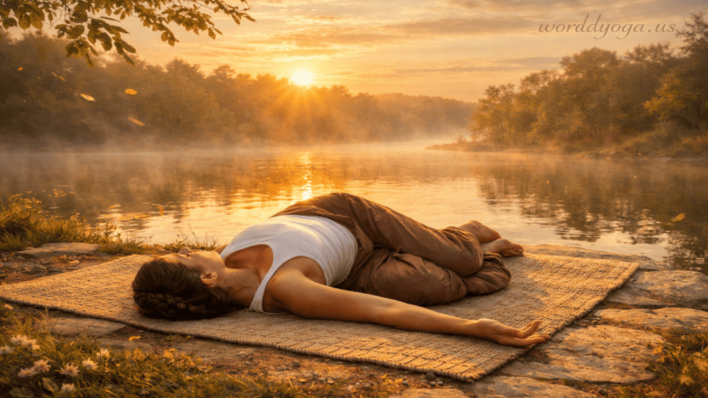 Advanced yoga practitioner performing Parivritta Jathara Supta Padmasana, a supine lotus pose with spinal twist, in a calm studio environment