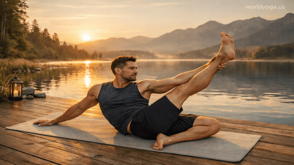 Male yoga instructor practicing Revolved Stomach One Leg Extended Pose outdoors at sunrise near a lake.