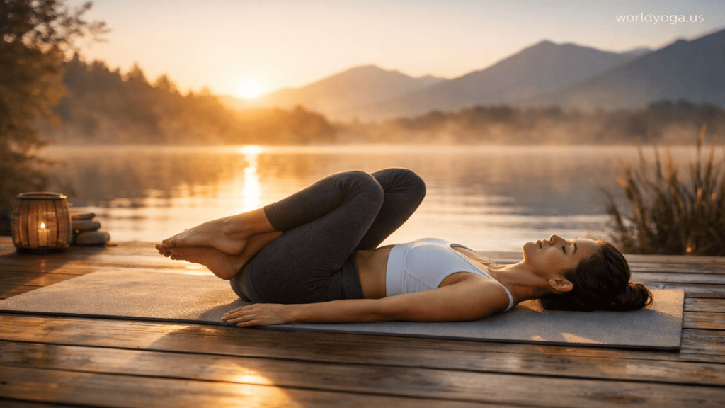 Outdoor yoga practice of Supine Garuda Legs on the Back on a wooden deck near a lake during sunrise.