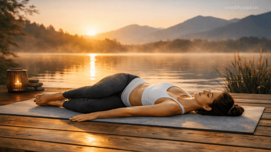 Outdoor practice of Parivritta Jathara Supta Garudasana on a wooden deck near a lake during sunrise.