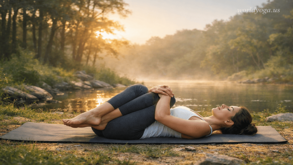 Reclining Abdominal. A person practicing a supine Garuda-inspired abdominal lift yoga pose on a mat in a forest clearing during sunrise with soft golden light and mist.